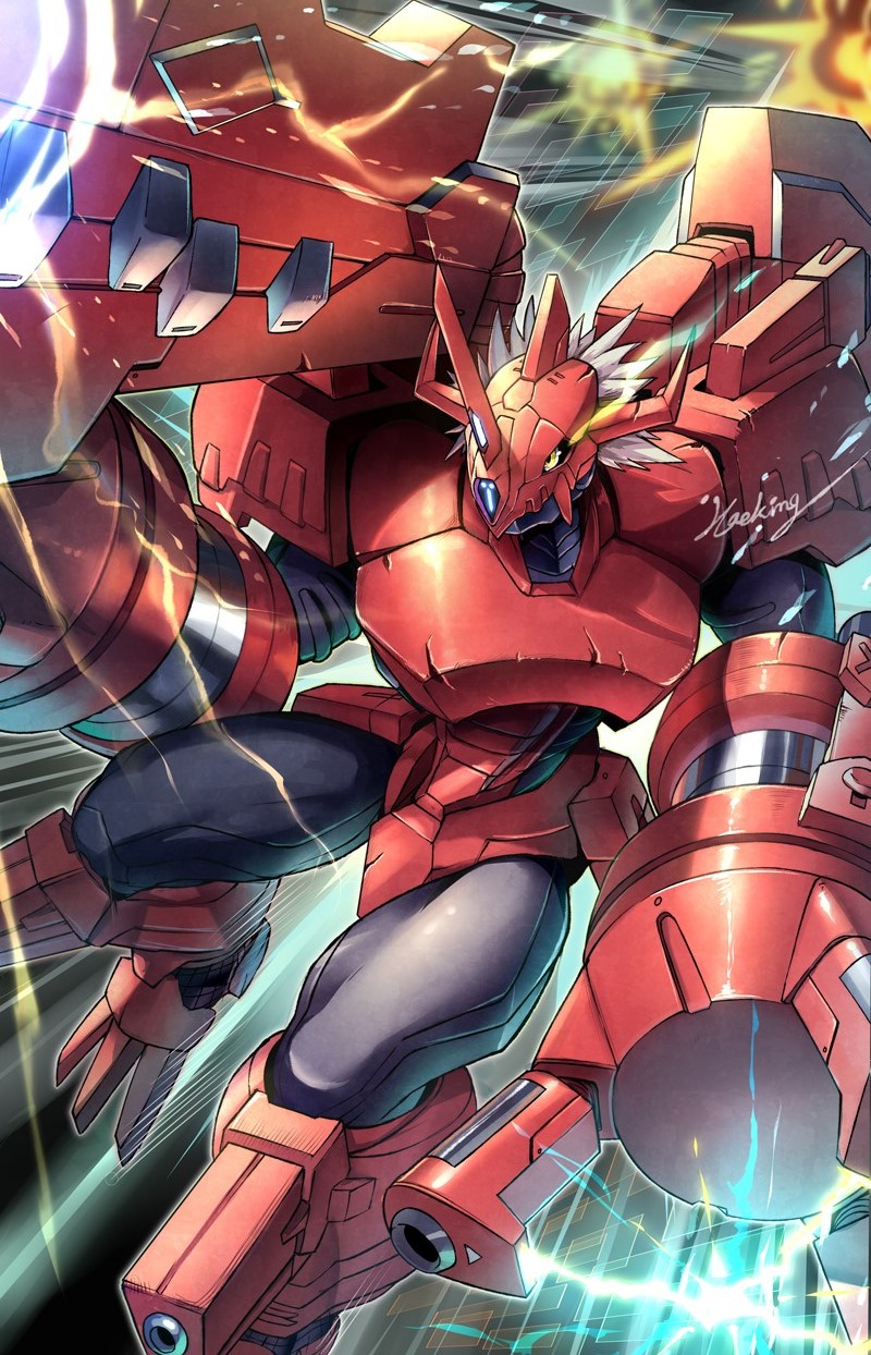 armor artist_name character_request digimon digimon_(creature) energy grey_hair hawe_king highres holding holding_weapon horns mecha orange_eyes short_hair solo weapon