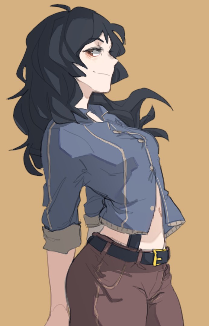 1girl ahoge arched_back bangs belt black_belt black_hair blue_shirt breasts brown_background brown_eyes brown_pants buttons from_side long_hair long_sleeves medium_breasts original pants partially_unbuttoned popopoka shirt simple_background smile solo