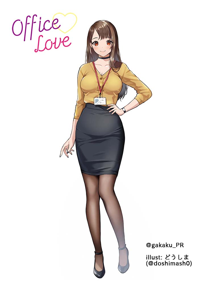 1girl black_footwear black_legwear blush brown_hair closed_mouth doushimasho english_text gakaku_pr hand_on_hip id_card lanyard long_hair long_sleeves office_lady original pantyhose pencil_skirt red_eyes shirt simple_background skirt smile solo watch watch white_background yellow_shirt