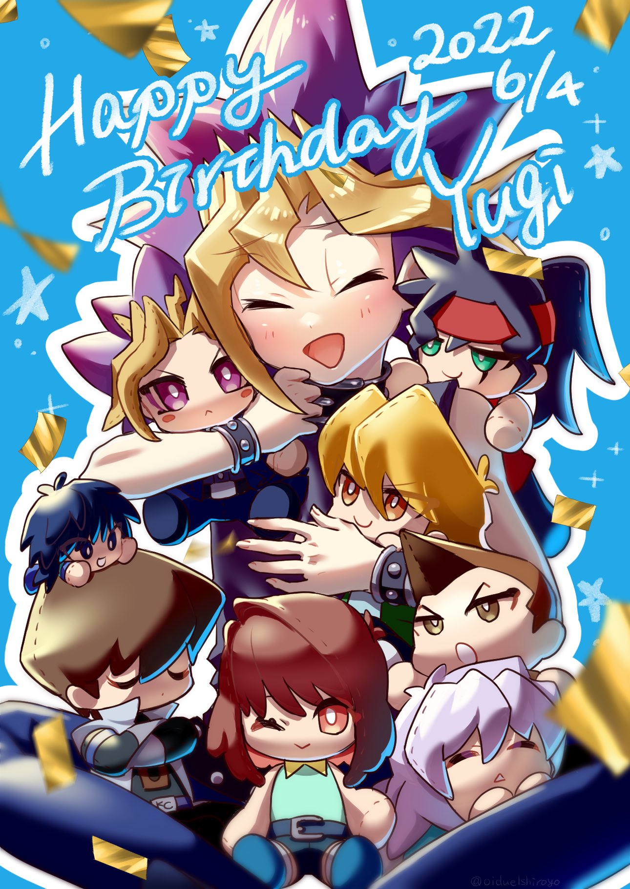 1girl 6+boys ;d bakura_ryou belt blonde_hair blue_background brothers brown_hair character_doll chibi closed_mouth commentary_request dated doll english_text happy happy_birthday highres honda_hiroto jounouchi_katsuya kaiba_mokuba kaiba_seto mazaki_anzu multicolored_hair multiple_boys mutou_yuugi oiduelshiroyo one_eye_closed open_mouth otogi_ryuuji outline siblings smile star_(symbol) twitter_username violet_eyes white_outline yami_yuugi yu-gi-oh! yu-gi-oh!_duel_monsters