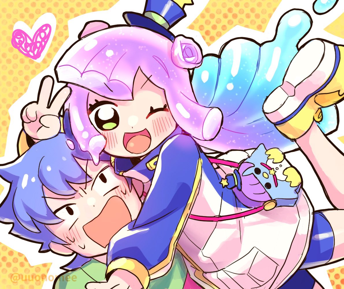 1boy 1girl ;d animal_bag bike_shorts blue_hair blue_headwear blue_shorts blush dotted_background double_bun gradient_hair green_eyes hat heart hug jacket kawaii_kotarou leg_up long_hair looking_at_another looking_at_viewer mini_hat mini_top_hat monster_girl multicolored_hair one_eye_closed open_mouth pink_hair puniru_(puniru_wa_kawaii_slime) puniru_wa_kawaii_slime satie shorts slime_girl smile top_hat twitter_username v