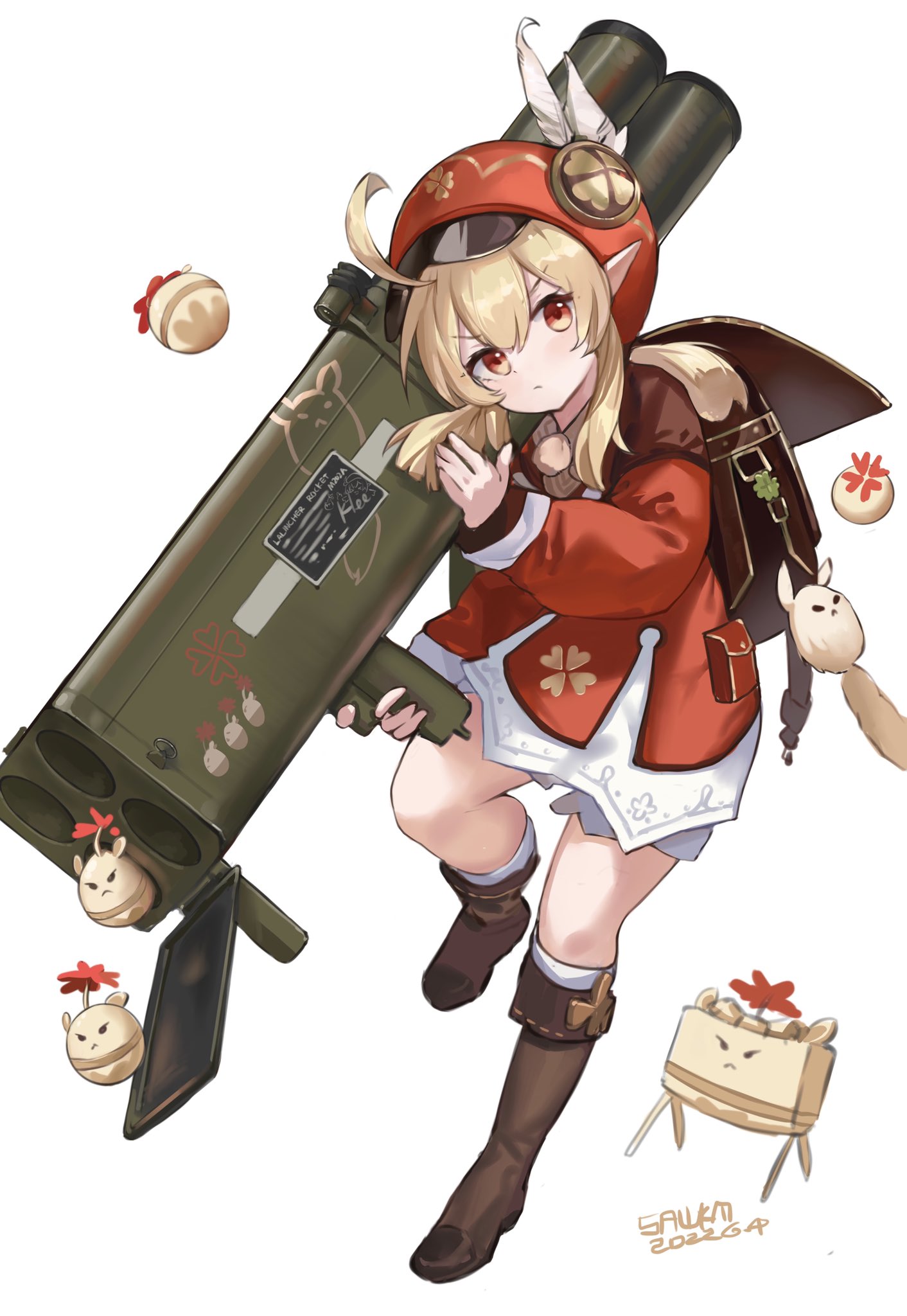 1girl ahoge backpack bag bangs blonde_hair boots brown_footwear cabbie_hat closed_mouth clover dress full_body genshin_impact hair_between_eyes hat hat_feather highres holding_rocket_launcher klee_(genshin_impact) long_hair long_sleeves looking_at_viewer pointy_ears pouch red_dress red_eyes red_headwear sawkm serious sidelocks simple_background white_background