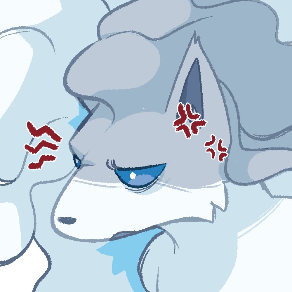 alolan_ninetales anger_vein angry bags_under_eyes blue_sclera colored_sclera commentary_request constricted_pupils hanamoru notice_lines open_mouth pokemon pokemon_(creature) shaded_face simple_background solo upper_body white_background white_eyes