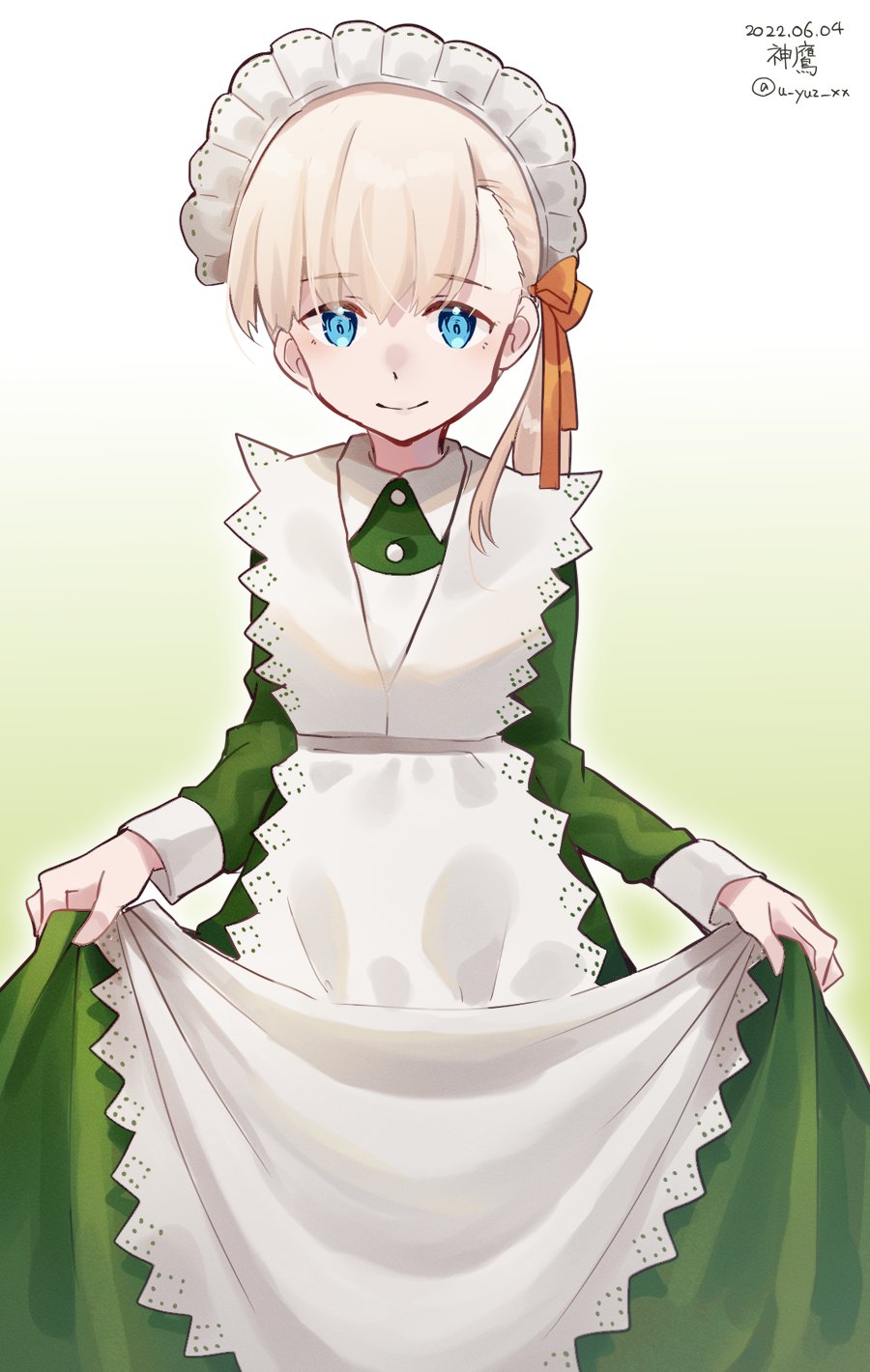 apron bangs blonde_hair blue_eyes blunt_bangs character_name commentary_request dated dress gradient gradient_background green_dress hair_ornament highres kantai_collection long_hair looking_at_viewer maid maid_headdress official_alternate_costume one-hour_drawing_challenge shin'you_(kancolle) skirt_hold twitter_username u_yuz_xx white_apron yellow_background