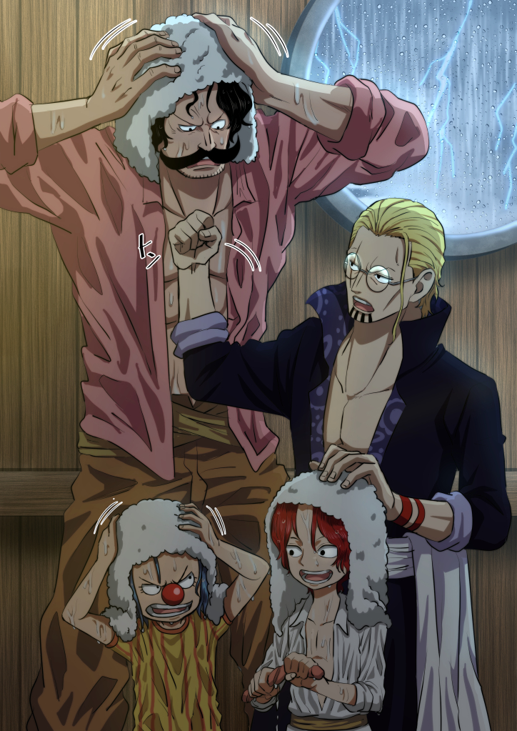 &gt;:( 4boys :d black_hair blonde_hair buggy_the_clown dark facial_hair glasses gol_d._roger indoors male_focus multiple_boys musasabiop mustache one_piece open_clothes open_shirt rain redhead scolding shanks silvers_rayleigh smile towel towel_on_head v-shaped_eyebrows wet wet_clothes wet_hair