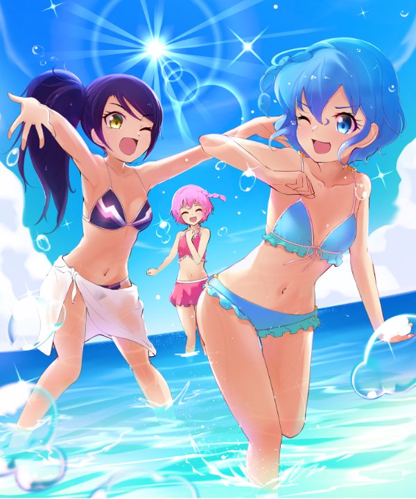 13-gou 1boy 2girls blue_eyes blue_hair braid breasts brother_and_sister dorothy_west leona_west multiple_girls navel one_eye_closed open_mouth otoko_no_ko pink_hair pretty_(series) pripara purple_hair short_hair siblings side_ponytail smile swimsuit toudou_shion twins water yellow_eyes