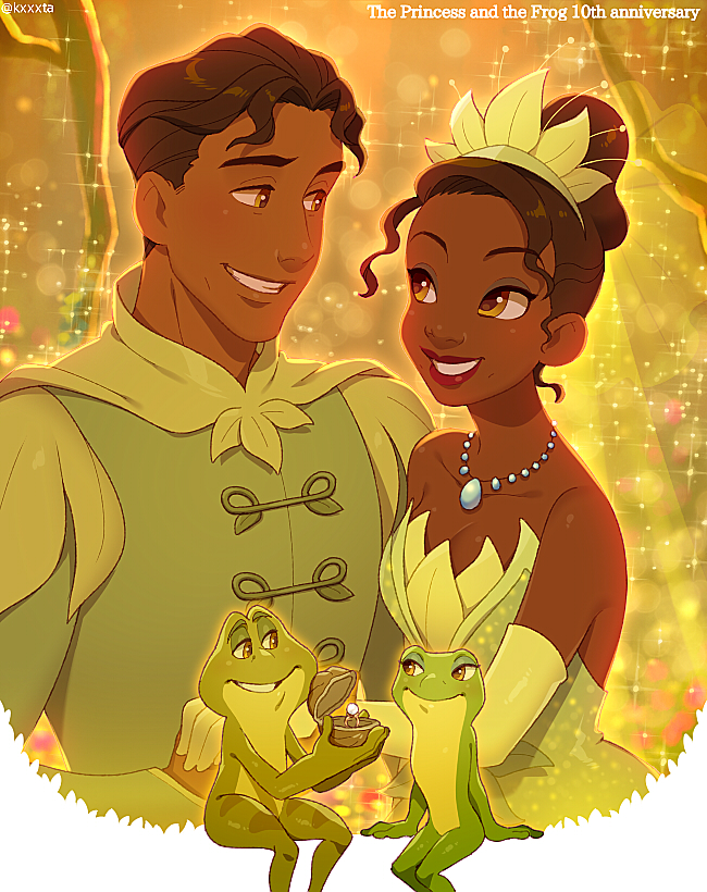 anniversary blurry blurry_background cape couple disney dress dual_persona elbow_gloves frog frog_boy frog_girl gloves hetero jewelry kiri_futoshi looking_at_another necklace plant prince_naveen strapless strapless_dress the_princess_and_the_frog tiana_(the_princess_and_the_frog) tiara vines