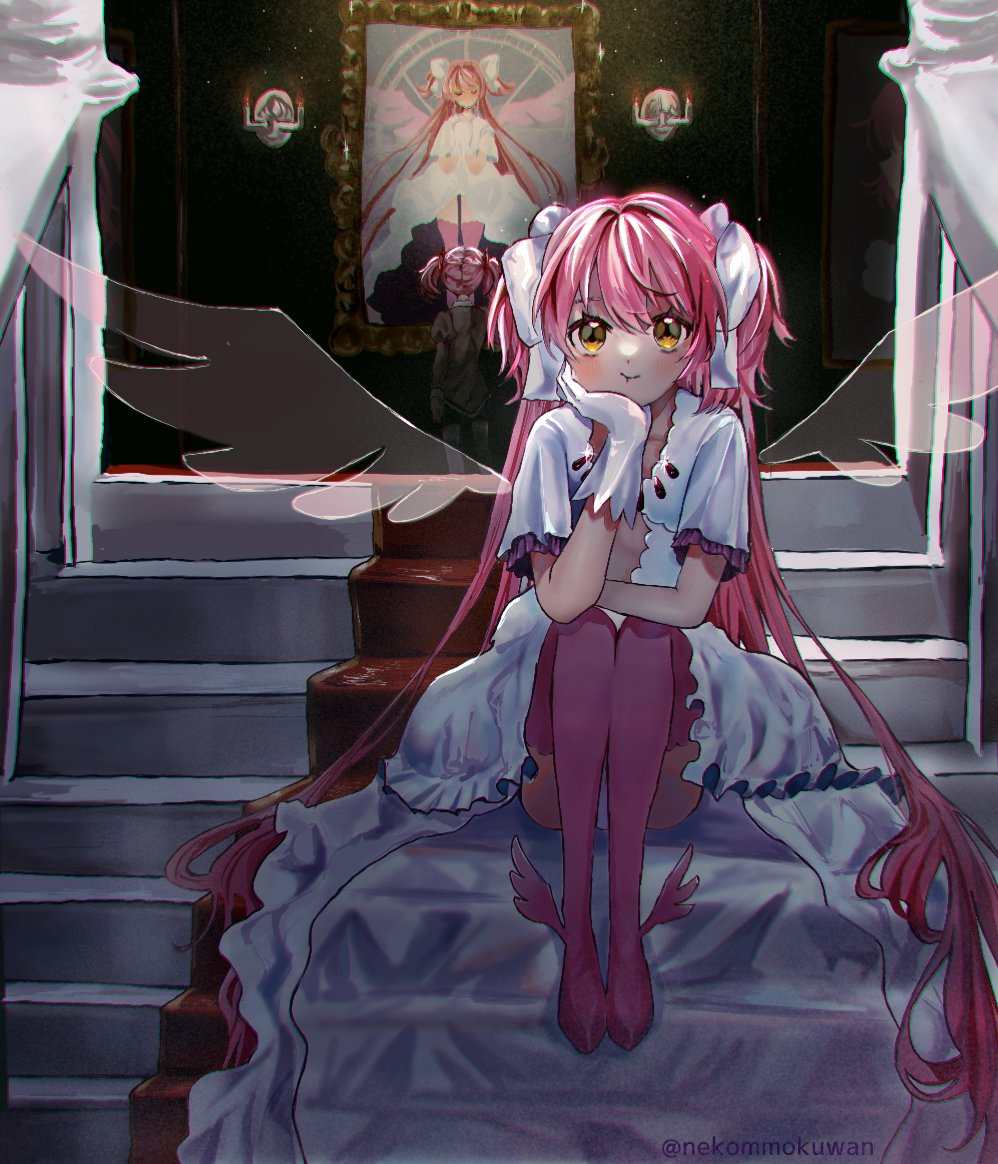 :t blood dress framed_image frills gloves goddess_madoka indoors kaname_madoka long_hair looking_at_viewer mahou_shoujo_madoka_magica nekommokuwan pink_hair ribbon short_sleeves solo_focus symbolism twintails white_dress wings yellow_eyes