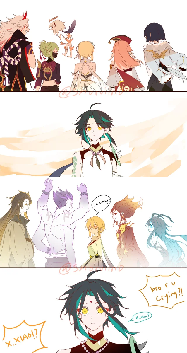 4boys 4koma 6+girls ^_^ angry antenna_hair arataki_itto armor artist_name asymmetrical_clothes bandages black_hair blonde_hair blue_hair bonanus_(genshin_impact) boots bosacius_(genshin_impact) brown_hair child chinese_clothes comic crying crying_with_eyes_open dress english_text facial_mark facial_mask floating forehead_mark gauntlets genshin_impact gloves green_hair halo happy hat horns indarias_(genshin_impact) jewelry kuki_shinobu long_hair lumine_(genshin_impact) makeup mask menogias_(genshin_impact) multiple_arms ninja oni paimon_(genshin_impact) pants pink_hair ponytail purple_hair redhead sad short_hair shorts shoruiino shoulder_spikes shouting skirt smile surprised tattoo tears topless_male two-tone_hair white_hair xiao_(genshin_impact) yanfei_(genshin_impact) yelan_(genshin_impact) yellow_eyes