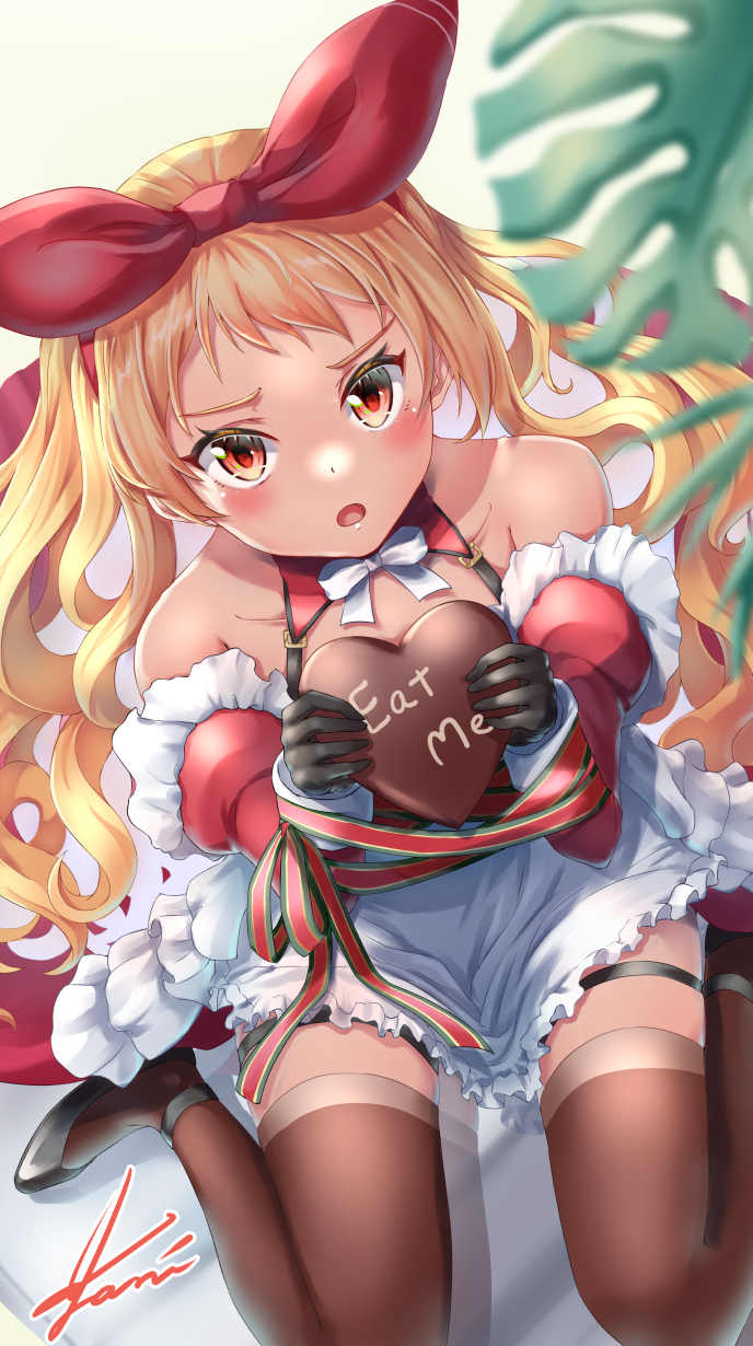 1girl alternate_costume anchor_symbol azur_lane bare_shoulders black_footwear black_legwear blonde_hair blush bow chocolate collarbone commission food gloves hair_bow hair_ornament highres holding holding_food howe_(pastry_princess)_(azur_lane) jenkins_(azur_lane) long_hair looking_at_viewer maid red_eyes red_ribbon ribbon shaded_face shadow shoes signature simple_background sitting skeb_commission solo thigh-highs thigh_strap thighs white_ribbon yam_(yam6056)