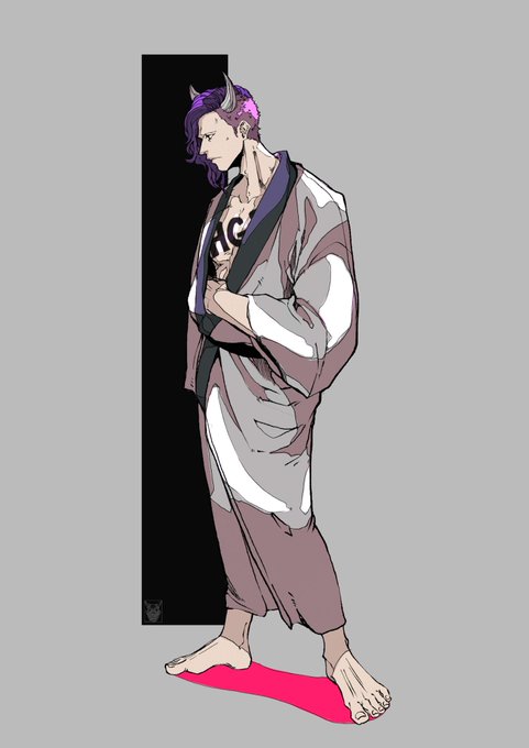 1boy barefoot from_side hair_over_one_eye horns japanese_clothes male_focus nakiri_0405 one_piece page_one_(one_piece) purple_hair simple_background solo tattoo