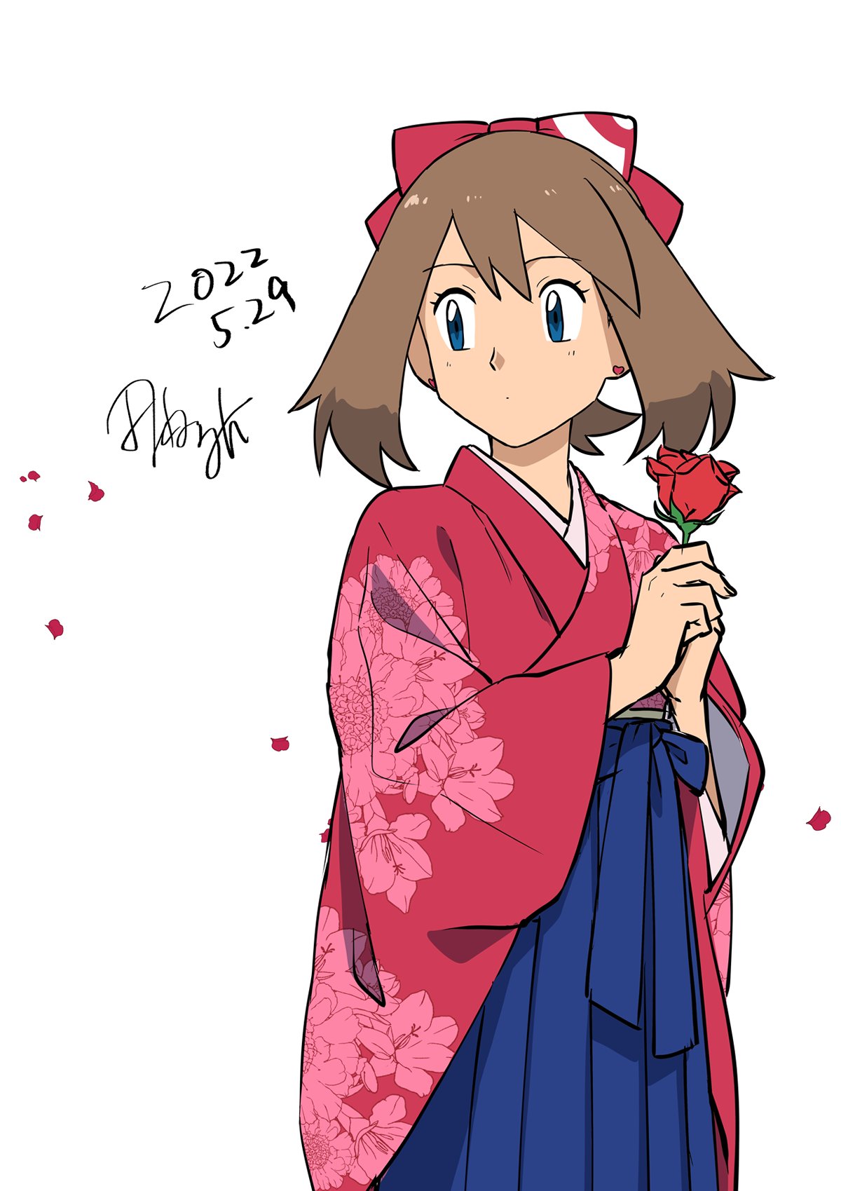 1girl bangs blue_eyes blue_hakama brown_hair closed_mouth commentary_request dated earrings eyelashes falling_petals floral_print flower hair_ribbon hakama hakama_skirt highres holding holding_flower japanese_clothes jewelry kimono looking_back may_(pokemon) medium_hair petals pokemon pokemon_(anime) pokemon_rse_(anime) red_ribbon ribbon signature skirt solo tamura_(kouititamura) wide_sleeves