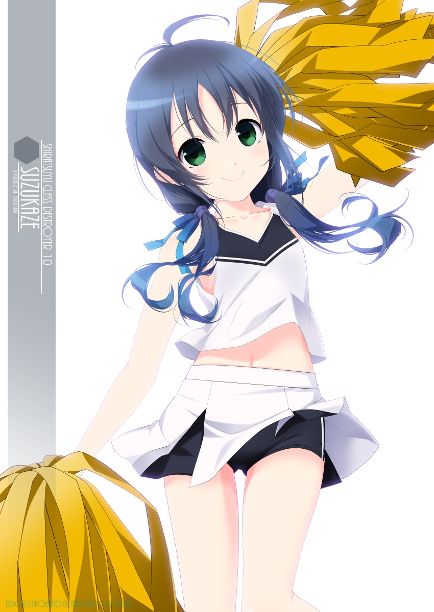 1girl alternate_costume artist_name black_buruma black_hair blue_hair buruma buruma_under_skirt character_name cheerleader cowboy_shot crop_top gradient_hair green_eyes highres holding holding_pom_poms inaba_shiki kantai_collection long_hair looking_at_viewer low_twintails midriff multicolored_hair one-hour_drawing_challenge pleated_skirt pom_pom_(cheerleading) ribbon shirt simple_background skirt sleeveless sleeveless_shirt solo suzukaze_(kancolle) twintails white_background white_skirt