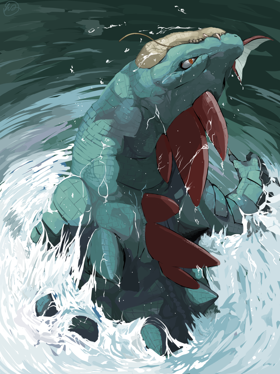 animal_focus artist_name blue_theme claws closed_mouth commentary_request eating feraligatr from_above head_back highres magikarp no_humans outdoors partially_submerged pokemon pokemon_(creature) red_eyes sharp_teeth signature solo_focus swimming teeth upper_body water yunimaru