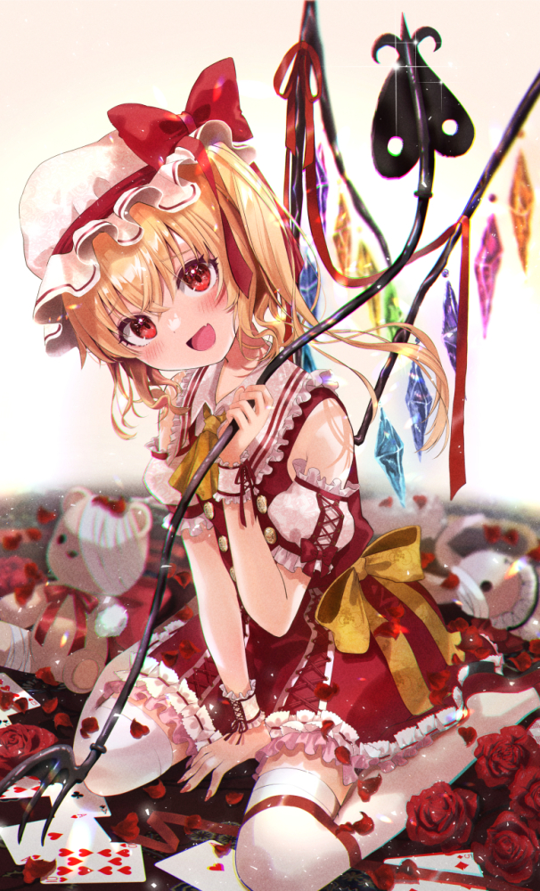 1girl :d adapted_costume ascot bare_shoulders blonde_hair blush bow detached_sleeves fang flandre_scarlet flower food frills fujiwara_aoi hat hat_bow hat_ribbon laevatein_(touhou) looking_at_viewer mob_cap open_mouth puffy_short_sleeves puffy_sleeves red_bow red_eyes red_flower red_rose red_skirt ribbon rose shirt short_sleeves sitting skin_fang skirt skirt_set smile solo thigh-highs touhou vest wariza white_legwear wings wrist_cuffs