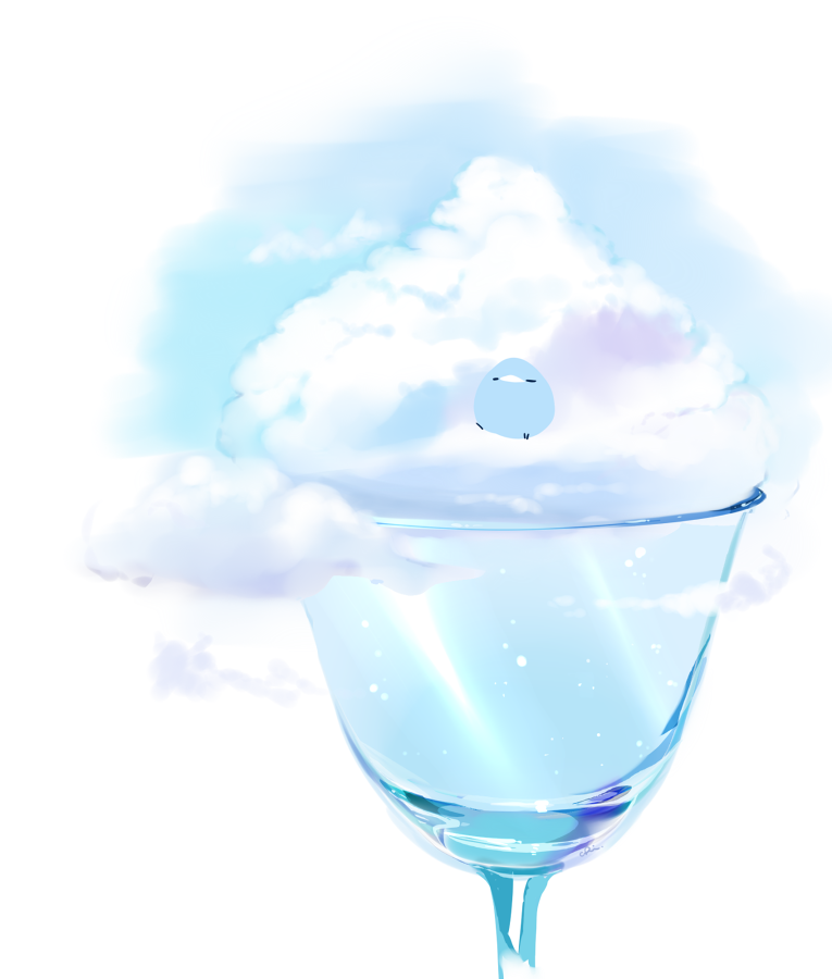 air_bubble bird bubble chai_(drawingchisanne) clouds commentary_request cup drinking_glass food_focus glass liquid no_humans original signature sitting_on_cloud sweets_bird undersized_animal