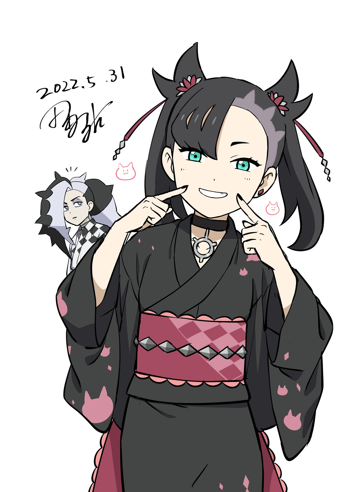 1boy 1girl alternate_costume asymmetrical_bangs bangs black_choker black_hair black_kimono black_nails brother_and_sister choker commentary_request dated earrings eyeshadow fingersmile green_eyes grey_eyeshadow hair_ribbon hands_up highres japanese_clothes jewelry kimono long_hair looking_at_viewer makeup marnie_(pokemon) medium_hair multicolored_hair nail_polish notice_lines piers_(pokemon) pokemon pokemon_(anime) pokemon_journeys purple_sash red_ribbon ribbon sash siblings signature smile tamura_(kouititamura) two-tone_hair