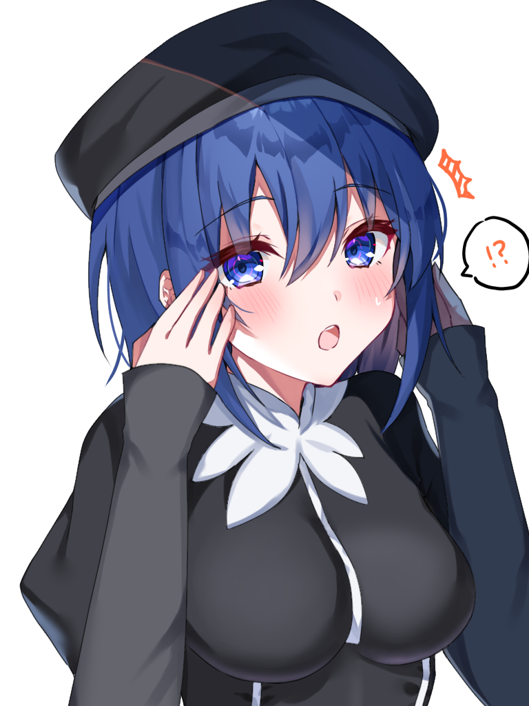 !? :o alternate_costume bangs black_dress black_headwear blue_eyes blue_hair blush breasts caren_hortensia caren_hortensia_(cosplay) ciel_(tsukihime) commentary_request cosplay dress eyebrows_visible_through_hair fate/hollow_ataraxia fate_(series) hair_between_eyes hat large_breasts long_sleeves looking_at_viewer sakura_(tariliko) short_hair simple_background sleeves_past_wrists speech_bubble sweatdrop tsukihime tsukihime_(remake) upper_body white_background