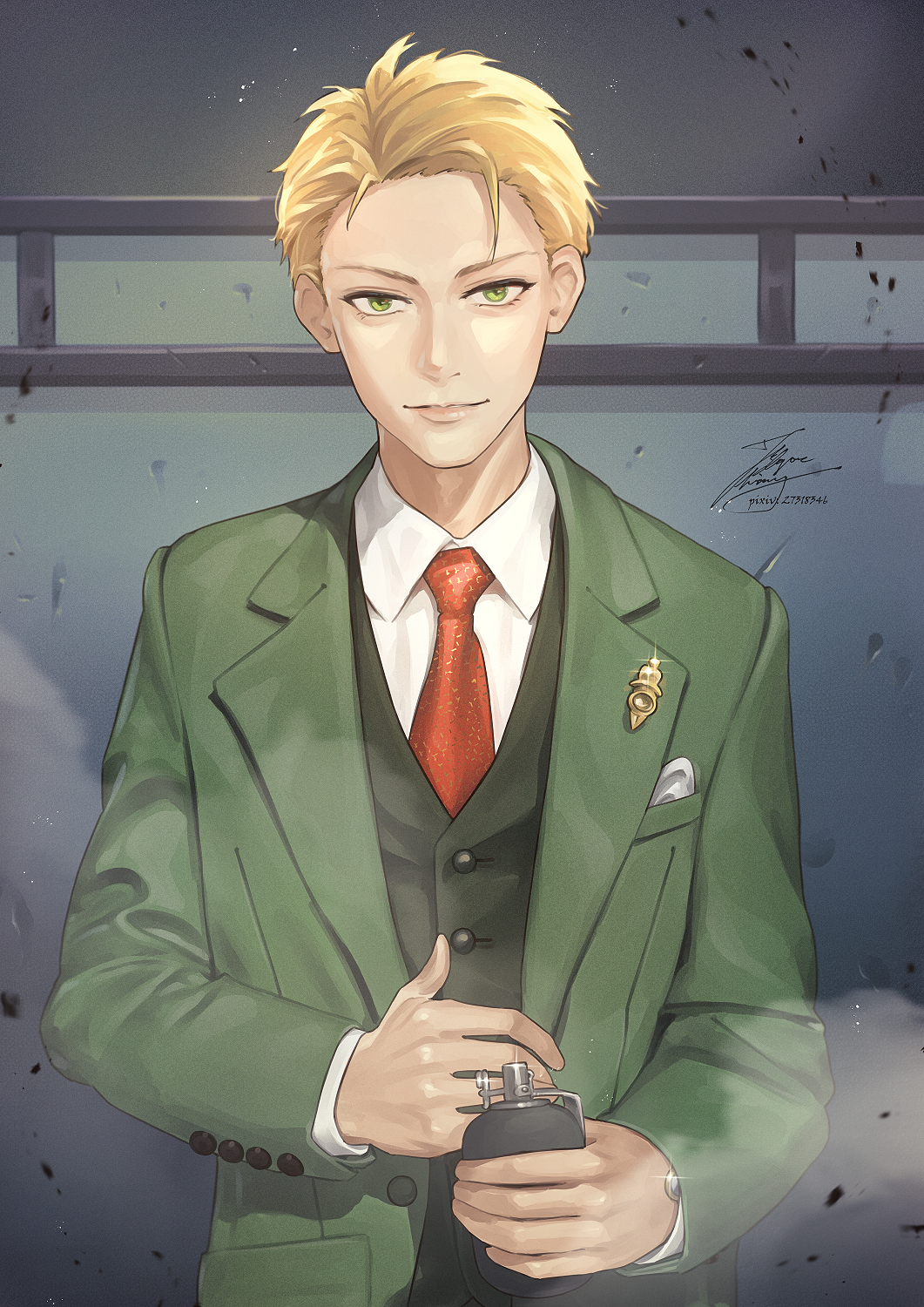 1boy blonde_hair explosive fadingz green_eyes green_jacket grenade highres holding holding_grenade jacket lapel_pin looking_at_viewer male_focus necktie red_necktie signature solo spy_x_family twilight_(spy_x_family) upper_body