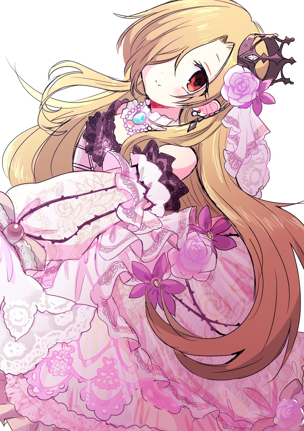 alternate_hair_length alternate_hairstyle bangs blonde_hair blush collar commentary crown detached_sleeves dress earrings flower frilled_collar frilled_dress frills gem hair_flower hair_ornament hair_over_one_eye highres idolmaster idolmaster_cinderella_girls jewelry looking_at_viewer necklace okopu pearl_necklace pink_dress pink_flower pink_rose print_dress puffy_sleeves red_eyes rose shirasaka_koume smile solo white_background