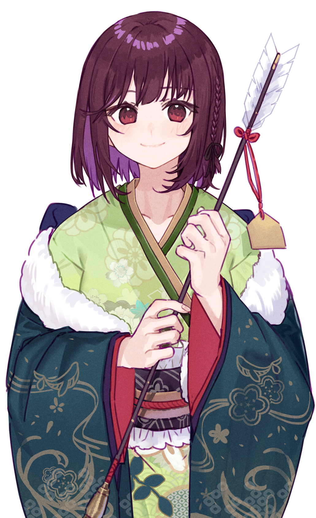 1girl arrow_(projectile) atelier_(series) atelier_sophie bangs blush braid brown_eyes brown_hair brown_ribbon closed_mouth collarbone commentary fingernails green_kimono hair_ornament hair_ribbon highres holding holding_arrow japanese_clothes kimono long_sleeves looking_at_viewer medium_hair ribbon ryuuno6 side_braid simple_background smile solo sophie_neuenmuller standing white_background wide_sleeves