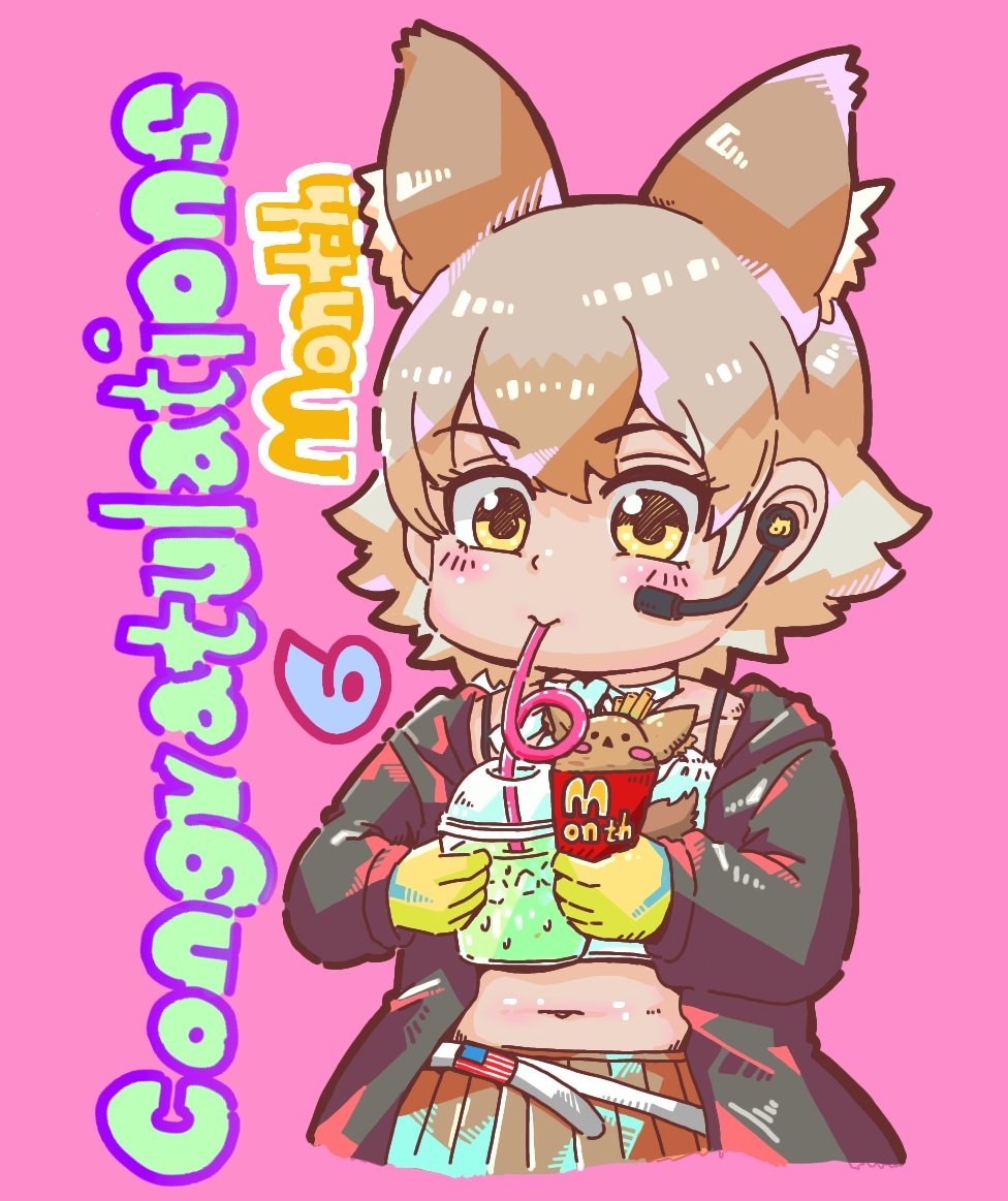 1girl animal_costume animal_ear_fluff animal_ears black_jacket blonde_hair coyopotato coyote_(kemono_friends) coyote_ears coyote_girl coyote_tail drinking gloves jacket kemono_friends kemono_friends_v_project microphone multicolored_hair open_clothes open_jacket shirt short_hair solo taku_san39 virtual_youtuber white_shirt yellow_eyes yellow_gloves