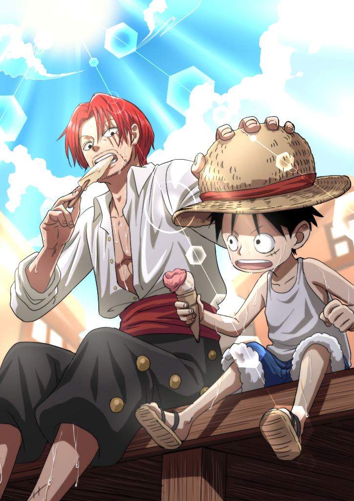 2boys black_hair child eating facial_hair food hand_on_another's_head hand_on_headwear hat hot ice_cream male_child male_focus monkey_d._luffy multiple_boys musasabiop one_piece outdoors redhead sandals shanks_(one_piece) shorts sleeveless straw_hat sweat