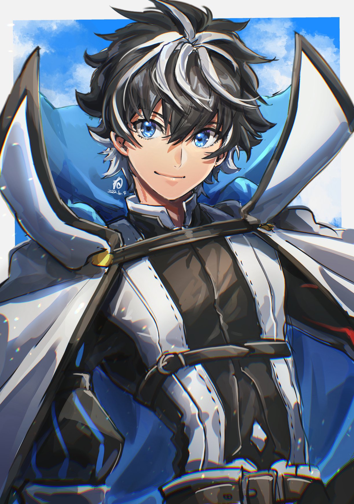 1boy armor black_gloves black_hair blue_cloak blue_eyes chanmura charlemagne_(fate) cloak closed_mouth commentary_request dated fate/extella fate/extella_link fate/extra fate/grand_order fate_(series) gloves high_collar highres long_sleeves looking_at_viewer male_focus multicolored_hair short_hair simple_background smile solo two-tone_hair upper_body white_cloak white_hair