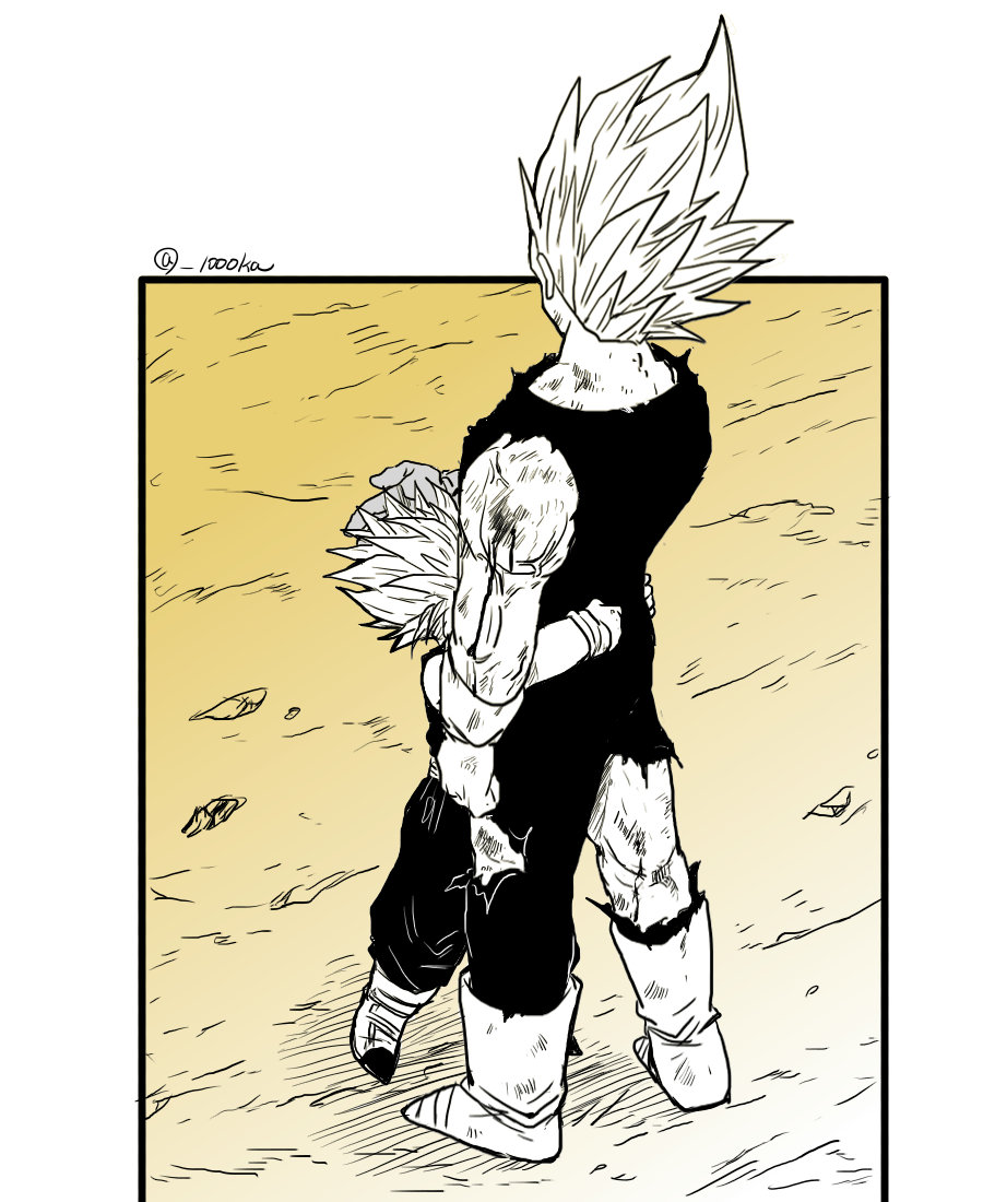 2boys bare_shoulders black_border blood blood_on_arm bodysuit boots border child commentary_request dougi dragon_ball dragon_ball_z father_and_son from_behind gloves hand_on_another's_head hug majin_vegeta male_child male_focus multiple_boys muscular muscular_male outside_border scuffed senka-san spiky_hair spot_color standing super_saiyan super_saiyan_1 super_saiyan_2 torn_clothes trunks_(dragon_ball) twitter_username vegeta veins wristband