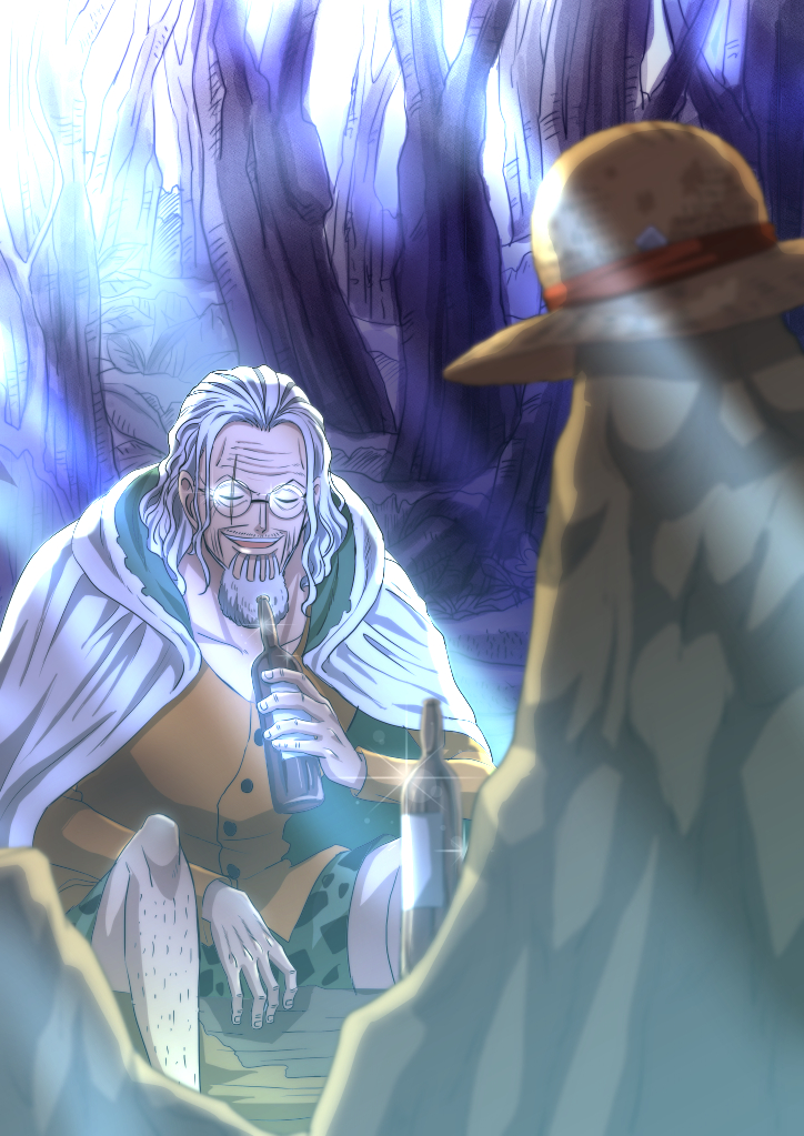 1boy alcohol closed_eyes drink facial_hair forest glasses grey_hair hat leg_hair light_rays long_sleeves male_focus musasabiop nature one_piece rock scar scar_across_eye shorts silvers_rayleigh sitting smile solo straw_hat sunbeam sunlight