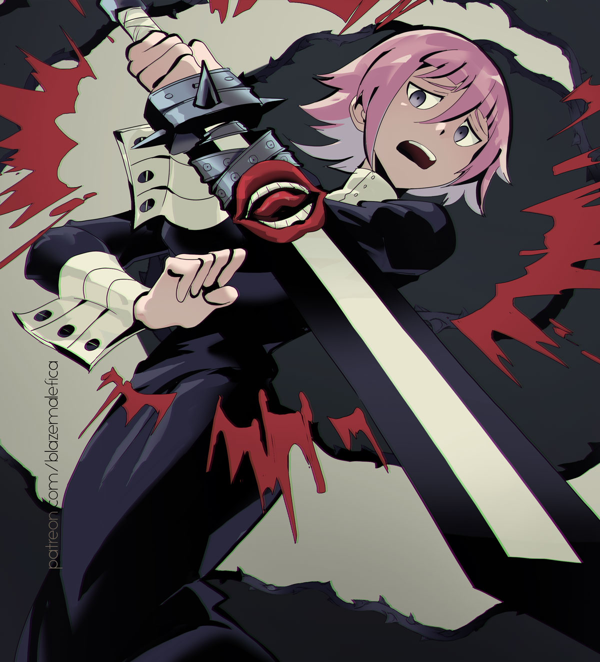 androgynous artist_name blazemalefica blood crona_(soul_eater) dress frown gauntlets highres leather leather_belt long_dress long_sleeves looking_down open_mouth pink_hair short_hair solo soul_eater spikes teeth tongue tongue_out violet_eyes worried
