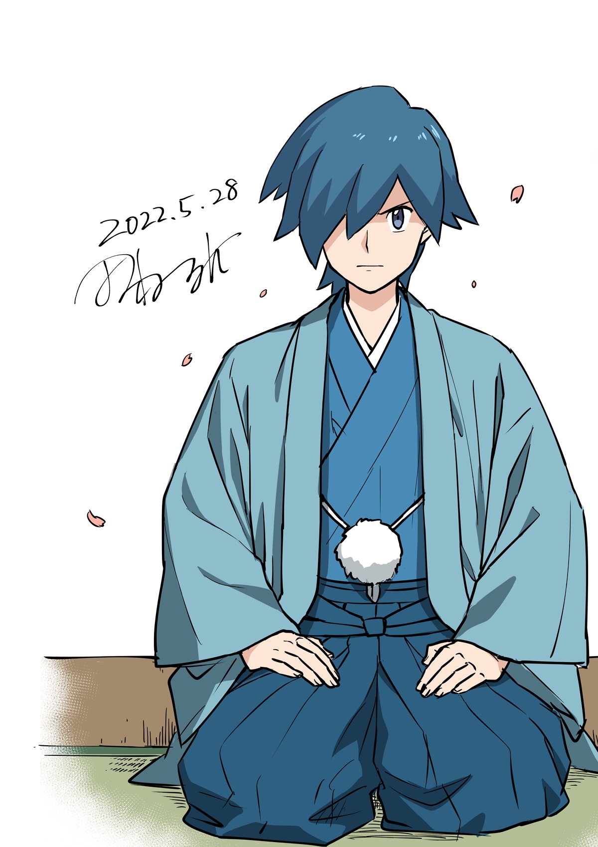 1boy bangs blue_eyes blue_hair blue_kimono closed_mouth commentary_request dated falkner_(pokemon) falling_petals full_body hair_over_one_eye hakama hakama_pants hands_on_own_thighs haori highres jacket japanese_clothes kimono looking_at_viewer male_focus open_clothes open_jacket pants petals pokemon pokemon_(game) pokemon_hgss short_hair signature sitting solo tamura_(kouititamura)