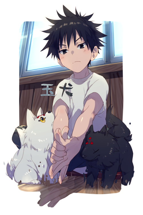 1boy 2others black_fur black_hair closed_eyes closed_mouth commentary_request day dog echo_(circa) fushiguro_megumi indoors jujutsu_kaisen kneeling looking_at_another looking_at_viewer male_focus messy_hair multiple_others multiple_tails outstretched_arms own_hands_together shirt short_hair short_sleeves solo_focus spiky_hair tail translation_request triangle white_fur white_shirt window wooden_floor wooden_wall