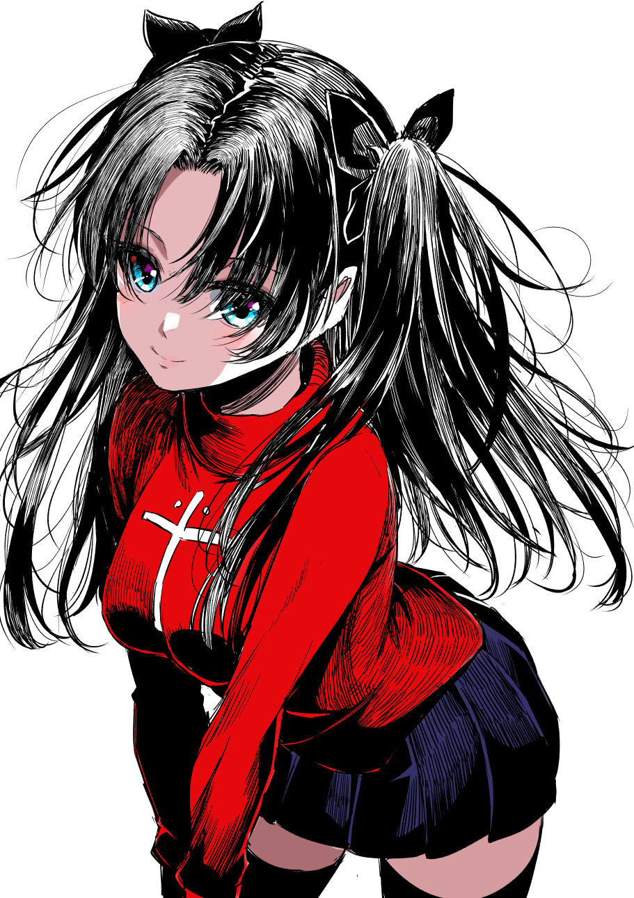 1girl attsun_(atsushi_jb) black_hair black_legwear black_ribbon black_skirt blue_eyes breasts closed_mouth commentary_request cross fate/stay_night fate_(series) hair_ribbon highres latin_cross leaning_forward long_sleeves looking_at_viewer medium_breasts miniskirt pleated_skirt red_sweater ribbon simple_background sketch skirt smile solo sweater thigh-highs tohsaka_rin turtleneck turtleneck_sweater two_side_up white_background zettai_ryouiki