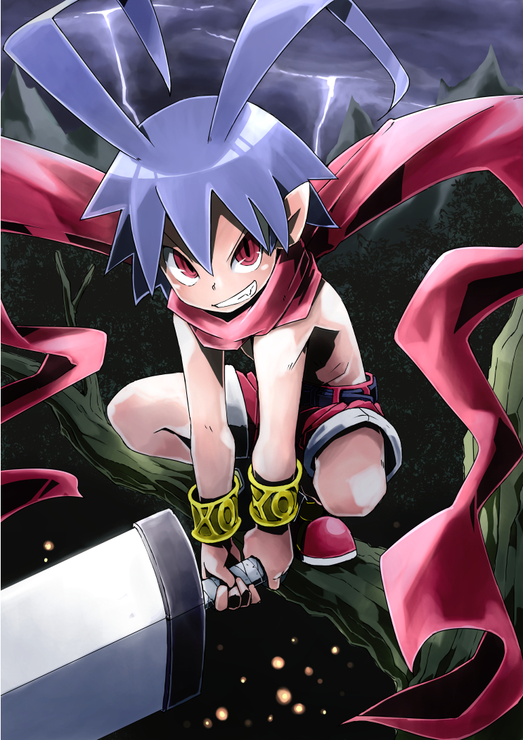 1boy antenna_hair belt blue_hair bracelet branch clouds cloudy_sky d@i disgaea holding holding_sword holding_weapon jewelry laharl looking_at_viewer mountainous_horizon pointy_ears red_eyes red_footwear red_scarf red_shorts scarf short_shorts shorts sky smile solo squatting sword thunder topless_male weapon