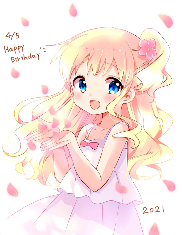 1girl alice_cartelet blonde_hair blue_eyes collarbone commentary_request cowboy_shot curly_hair dated dress english_commentary english_text eyebrows_visible_through_hair falling_petals flower hair_flower hair_ornament hands_up happy_birthday hara_yui kin-iro_mosaic long_hair looking_at_viewer messy_hair mixed-language_commentary official_alternate_costume official_alternate_hair_length official_alternate_hairstyle official_art open_mouth petals raised_eyebrows shiny shiny_hair solo tareme white_dress