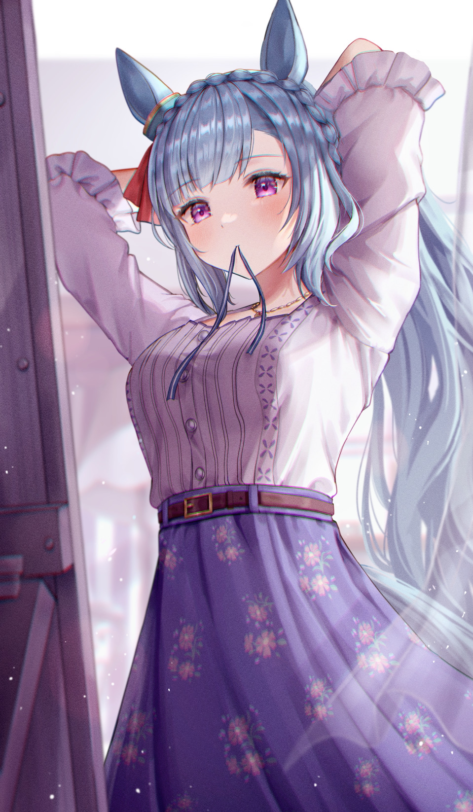 1girl akatsuki_(pixiv23539542) animal_ears arms_behind_back arms_up bangs belt belt_buckle blue_hair blush braid breasts buckle crown_braid eyebrows_visible_through_hair floral_print frilled_sleeves frills grey_shirt hairdressing highres horse_ears indoors jewelry large_breasts light_particles long_hair mejiro_ardan_(umamusume) mirror mouth_hold necklace print_skirt purple_skirt shirt short_sleeves skirt solo umamusume very_long_hair violet_eyes