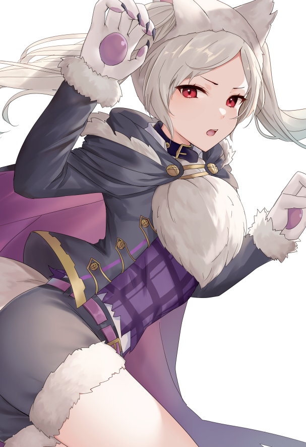 1girl animal_ears ass belt claws cowboy_shot fire_emblem fire_emblem_awakening fire_emblem_heroes fur_trim grey_hair grima_(fire_emblem) halloween_costume haru_(nakajou-28) long_hair long_sleeves looking_at_viewer official_alternate_costume paw_pose red_eyes robin_(fire_emblem) robin_(fire_emblem)_(female) shorts simple_background solo tail twintails white_background wolf_ears wolf_tail