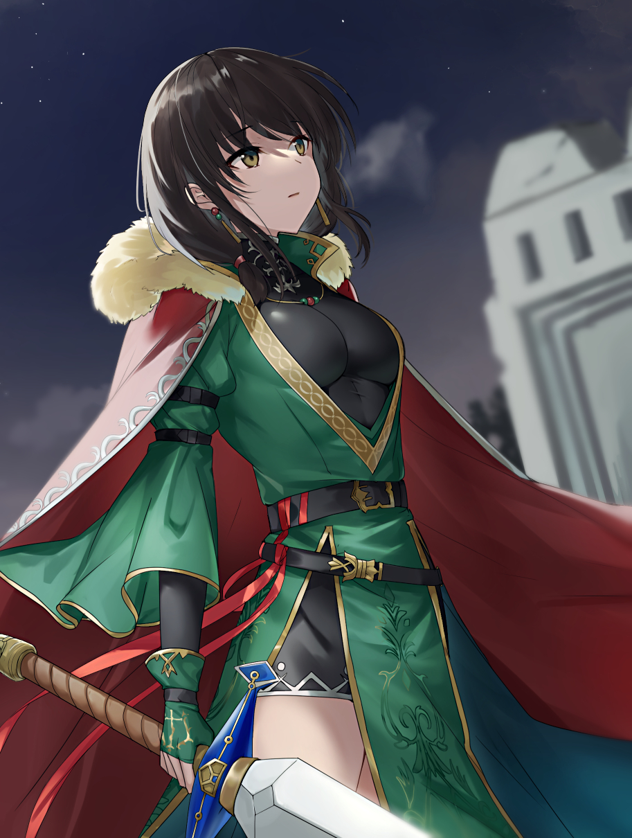 1girl belt black_hair blurry breasts brown_eyes cape depth_of_field dress earrings fingerless_gloves fire_emblem fire_emblem:_thracia_776 fire_emblem_heroes fur_trim gloves gold_trim green_dress green_gloves hair_ornament haru_(nakajou-28) highres holding holding_sword holding_weapon jewelry large_breasts long_sleeves mareeta_(fire_emblem) necklace night night_sky official_alternate_costume pelvic_curtain red_cape skin_tight sky solo sword weapon