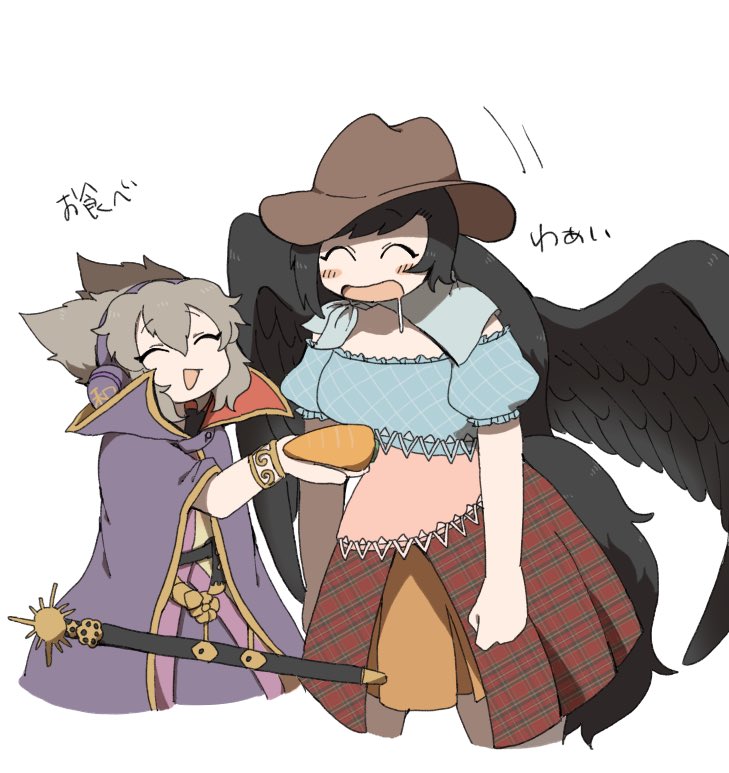 2girls :d ^_^ akikaze_cp black_hair black_wings blue_shirt bracelet brown_hair brown_headwear brown_skirt cape carrot closed_eyes cowboy_hat cropped_legs earmuffs feathered_wings hat jewelry kurokoma_saki long_hair multiple_girls open_mouth plaid puffy_short_sleeves puffy_sleeves ritual_baton shirt short_hair short_sleeves skirt smile sword touhou toyosatomimi_no_miko weapon white_background wings