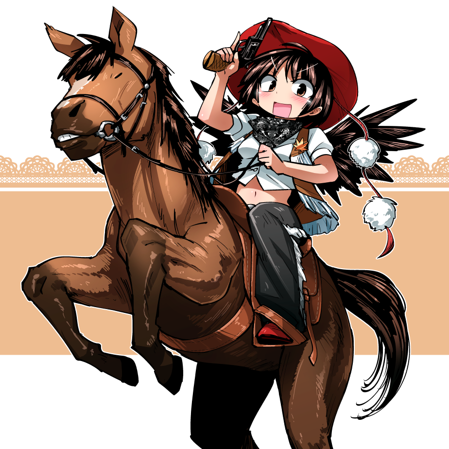 1girl bangs bird_wings black_skirt brown_eyes brown_hair brown_headwear brown_wings cow_girl cowboy_hat eyebrows_visible_through_hair gun handgun hat holding holding_gun holding_weapon horse looking_at_viewer navel pistol pom_pom_(clothes) shameimaru_aya shimizu_pem shirt short_hair short_sleeves sitting skirt tail touhou v-shaped_eyebrows weapon white_shirt wings