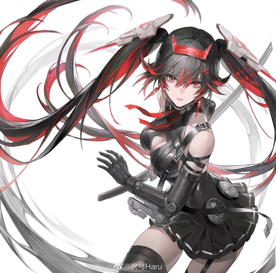1girl black_dress black_hair cleavage_cutout clothing_cutout dress earrings hair_ornament jewelry looking_at_viewer lucia_(punishing:_gray_raven) multicolored_hair open_mouth punishing:_gray_raven red_eyes sawamaharu solo strap sword twintails two-tone_hair weapon