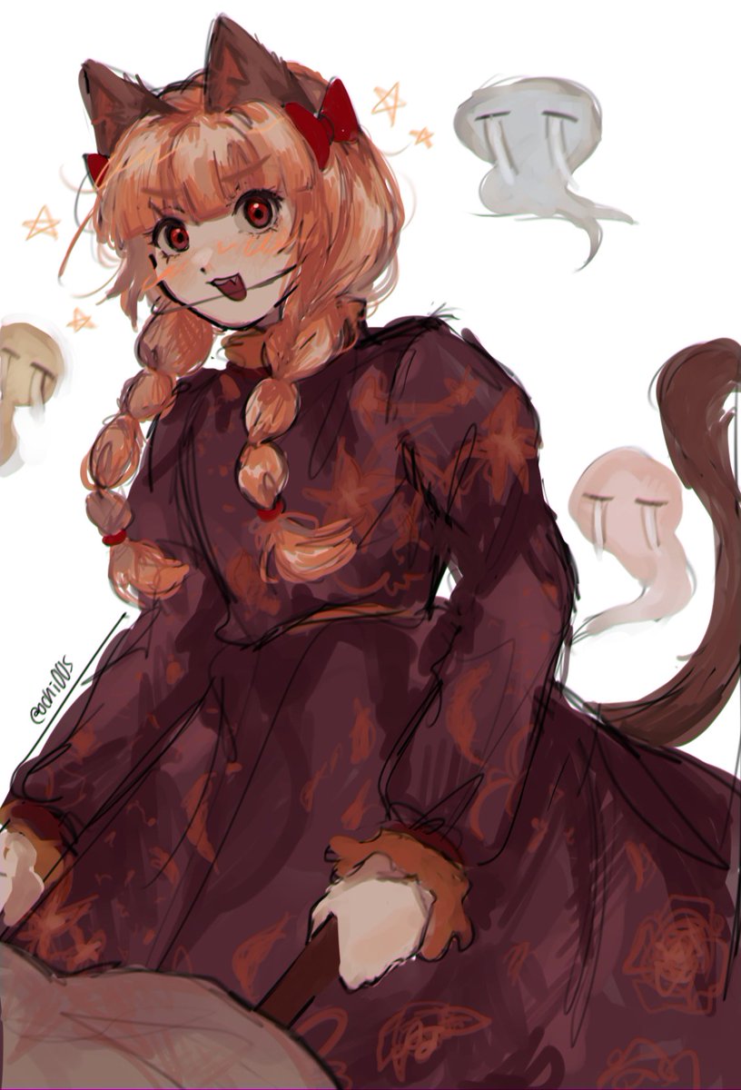 1girl :d animal_ears black_dress blush bow braid cat_ears cat_tail crying dress fang ghost highres hitodama kaenbyou_rin looking_at_viewer ochio puffy_sleeves red_bow red_eyes redhead signature simple_background sketch smile star_(symbol) tail tears touhou twin_braids wheelbarrow white_background
