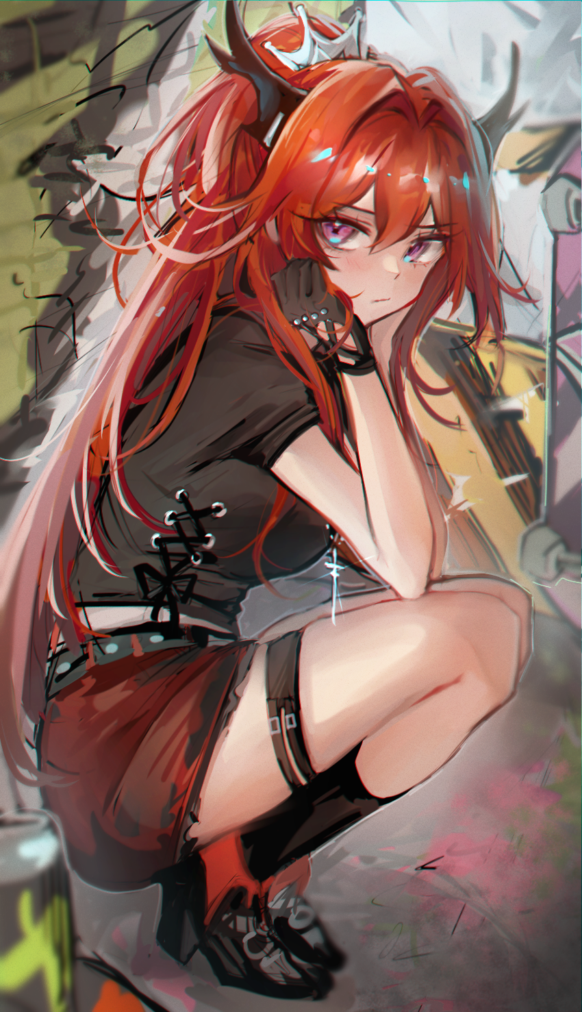 1girl arknights bangs black_footwear black_gloves black_legwear black_shirt breasts casual closed_mouth eyebrows_visible_through_hair full_body gloves graffiti hair_intakes hands_on_own_cheeks hands_on_own_face highres horns kaguura_(kagu) kneehighs long_hair looking_at_viewer looking_to_the_side medium_breasts miniskirt official_alternate_costume ponytail red_skirt redhead shirt shoes short_sleeves skirt solo squatting surtr_(arknights) surtr_(liberte_echec)_(arknights) thigh_strap very_long_hair violet_eyes
