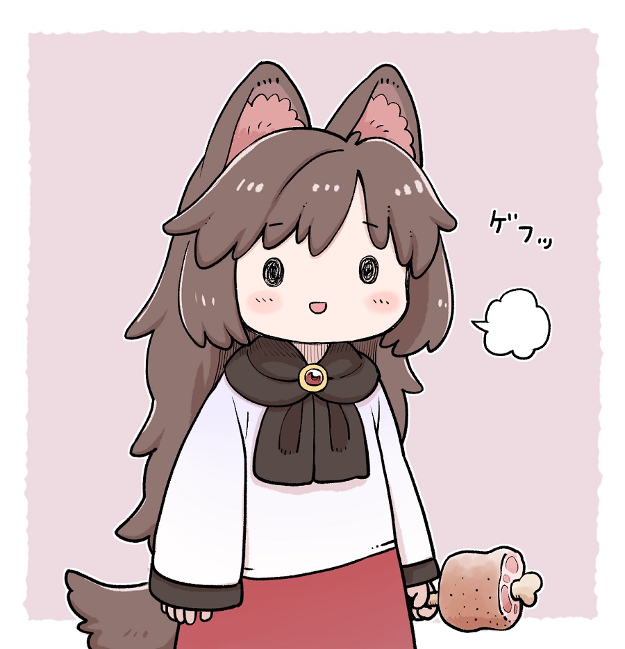 1girl :d =3 animal_ear_fluff animal_ears bangs blush boned_meat border brooch brown_hair chibi dress eyebrows_visible_through_hair food full_body imaizumi_kagerou jewelry long_hair long_sleeves meat open_mouth poronegi simple_background smile solo tail touhou white_border wide_sleeves wolf_ears wolf_tail