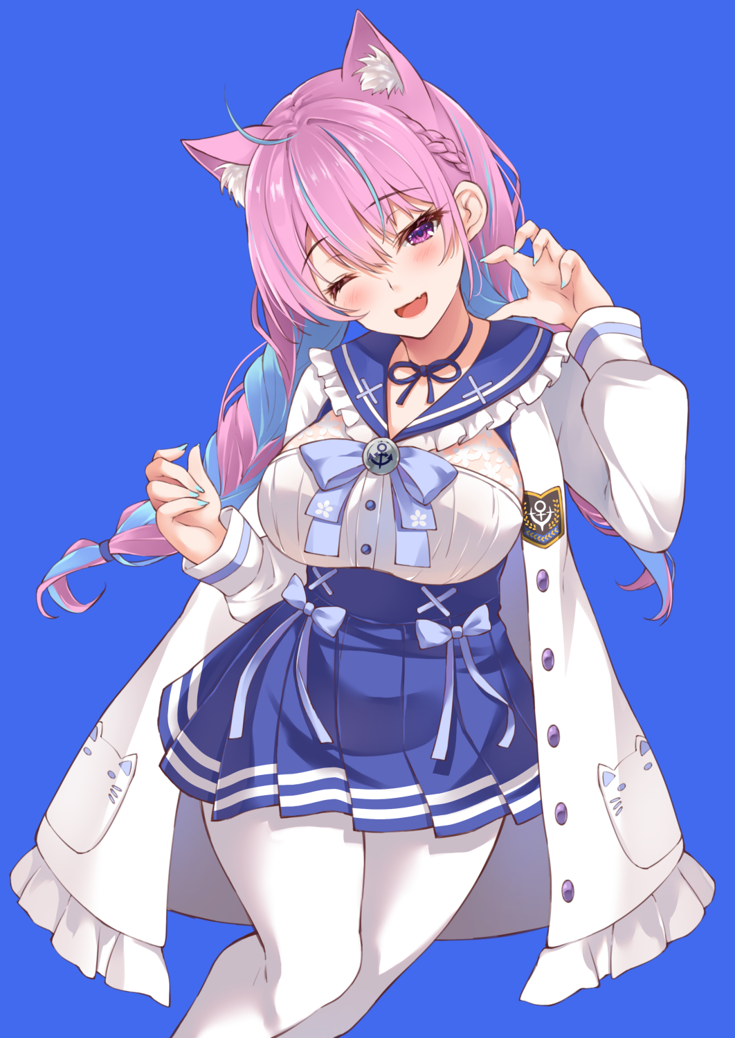 1girl ;d ahoge anchor_symbol animal_ear_fluff animal_ears asymmetrical_hair blue_background blue_choker blue_nails blue_ribbon blue_skirt blush braid breasts buttons cat_ears choker coat collar commentary eyebrows_visible_through_hair eyelashes fang feet_out_of_frame french_braid frilled_collar frills hair_between_eyes highres hololive iroha_(unyun) large_breasts light_blue_hair long_hair looking_at_viewer minato_aqua miniskirt multicolored_hair nail_polish official_alternate_costume one_eye_closed open_clothes open_coat open_mouth pantyhose pink_hair pleated_skirt ribbon sailor_collar shirt simple_background skin_fang skirt smile solo standing streaked_hair twin_braids twintails two-tone_hair violet_eyes virtual_youtuber white_coat white_legwear white_shirt