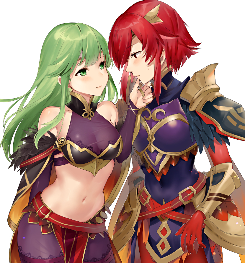 2girls alternate_costume armor black_armor blush breasts circlet cosplay cowboy_shot detached_sleeves eye_contact feathers fire_emblem fire_emblem:_mystery_of_the_emblem fire_emblem_echoes:_shadows_of_valentia fire_emblem_heroes gloves green_eyes green_hair haru_(nakajou-28) long_hair looking_at_another medium_hair midriff minerva_(fire_emblem) multiple_girls navel official_alternate_costume palla_(fire_emblem) red_gloves see-through smile sonya_(fire_emblem) sonya_(fire_emblem)_(cosplay) sweatdrop tight