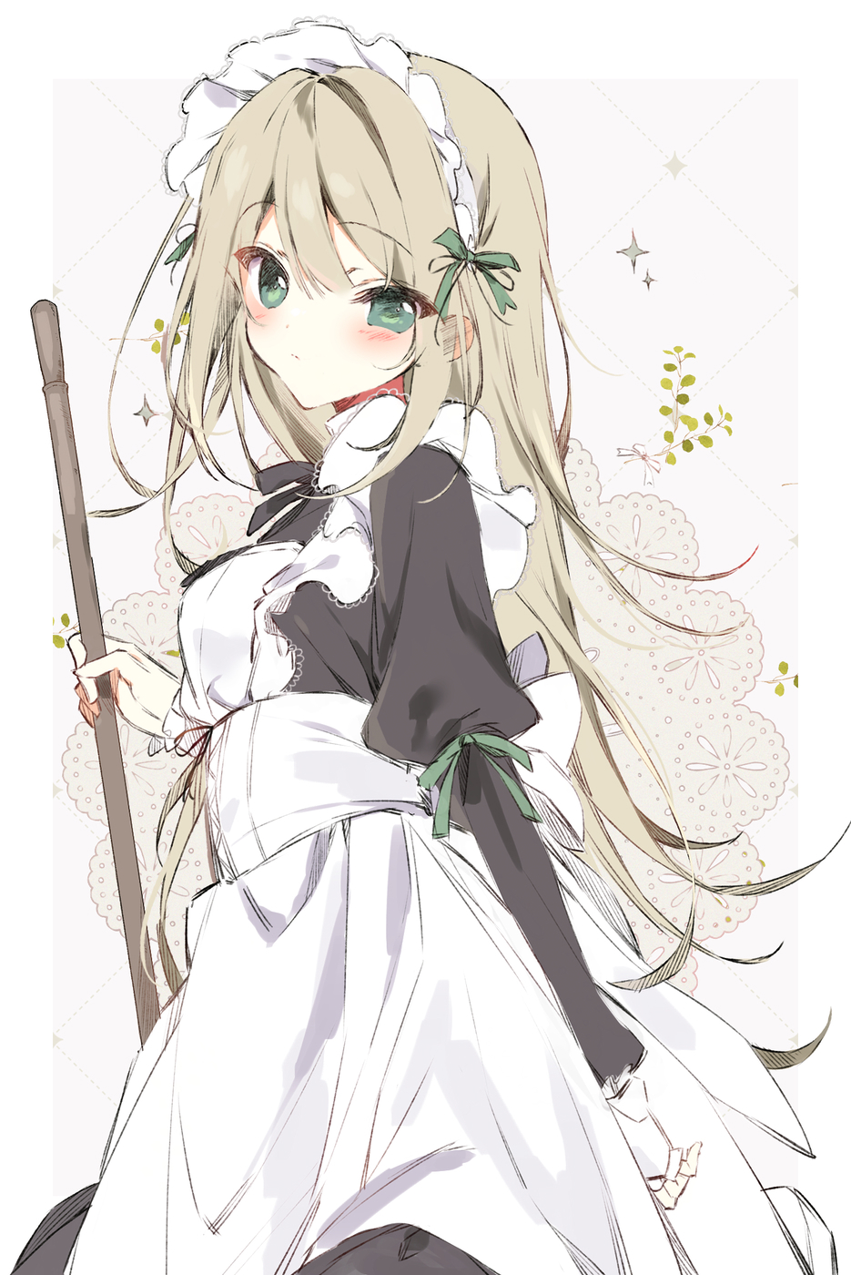 1girl :&lt; alternate_costume apron black_dress black_ribbon black_skirt blonde_hair blush breasts broom dress ear_focus enmaided frilled_apron frilled_dress frills frown green_eyes green_ribbon hair_between_eyes head_tilt highres holding holding_broom hyouka_(yashiro_sousaku) lace lace-trimmed_apron lace_trim long_hair long_sleeves looking_at_viewer looking_to_the_side maid maid_apron maid_headdress one_eye_covered original ribbon sketch skirt small_breasts sushi_mekabu very_long_hair wringing_clothes wrinkled_fabric