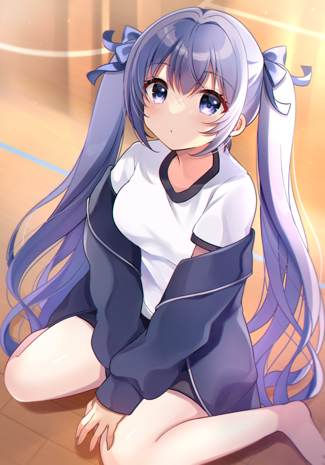 1girl bangs barefoot between_legs black_jacket black_shorts blue_bow blue_eyes blue_hair bow breasts closed_mouth commentary_request eyebrows_visible_through_hair gym_shirt gym_shorts gym_uniform hair_between_eyes hair_bow hand_between_legs highres indoors jacket long_hair long_sleeves looking_at_viewer medium_breasts minami_saki off_shoulder on_floor open_clothes open_jacket original puffy_long_sleeves puffy_sleeves shirt short_shorts shorts sidelocks sitting sleeves_past_wrists solo twintails very_long_hair wariza white_shirt wooden_floor