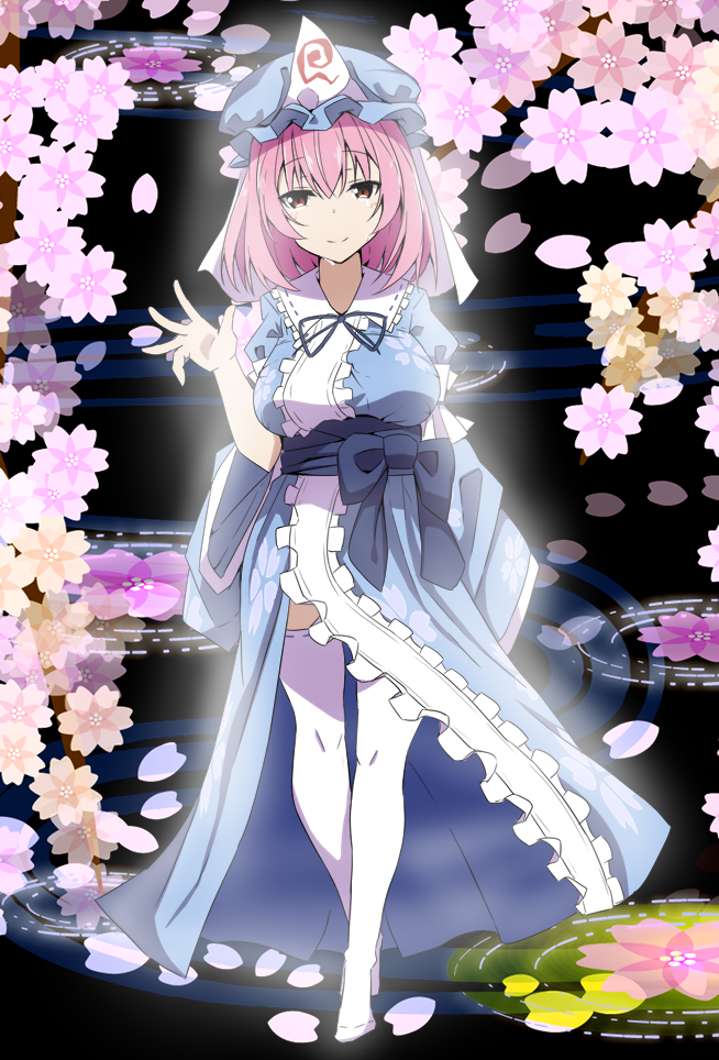 1girl blue_kimono blue_ribbon blue_sash breasts closed_mouth flower full_body hat japanese_clothes kimono long_sleeves medium_breasts mob_cap neck_ribbon no_shoes petals pink_flower pink_hair red_eyes ribbon saigyouji_yuyuko sash short_hair sleeve_garter smile solo thigh-highs touhou to~fuya triangular_headpiece walking walking_on_liquid white_legwear wide_sleeves